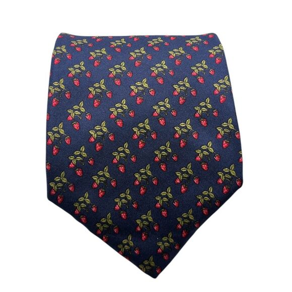 Brooks Brothers Tie Navy Blue Red Green Strawberry Print 100% Silk USA Vintage - Picture 1 of 5